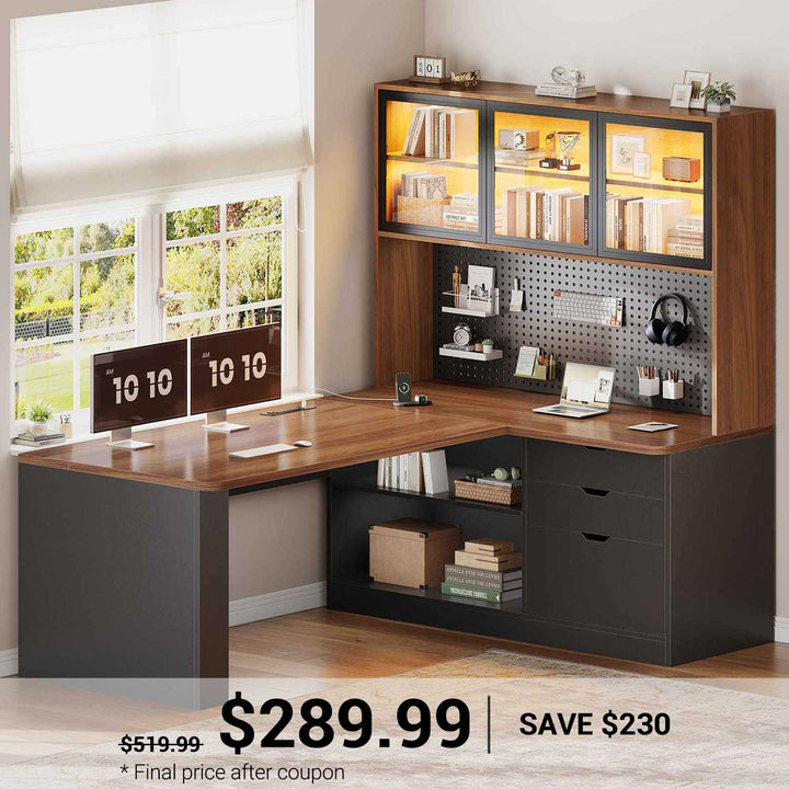 SEDETA 67 Inch L Shaped Computer Desk Corner Gaming Desk with LED Light 3 Wood Drawer Large Bookshelf Display Cabinet Pegboard