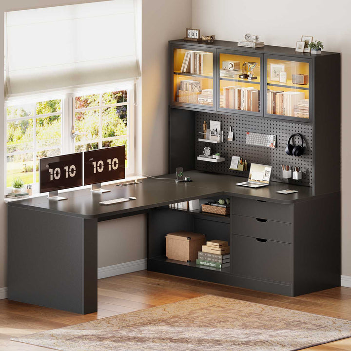 SEDETA® 67 Inch Corner Computer Desk L Shaped Gaming Desk with LED Light 3 Wood Drawer Large Bookshelf Display Cabinet Pegboard