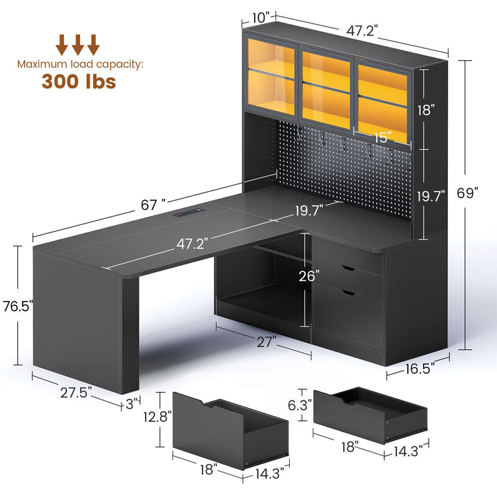 SEDETA® 67 Inch Corner Computer Desk L Shaped Gaming Desk with LED Light 3 Wood Drawer Large Bookshelf Display Cabinet Pegboard
