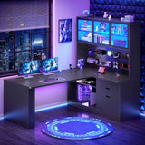 SEDETA® 67 Inch Corner Computer Desk L Shaped Gaming Desk with LED Light 3 Wood Drawer Large Bookshelf Display Cabinet Pegboard