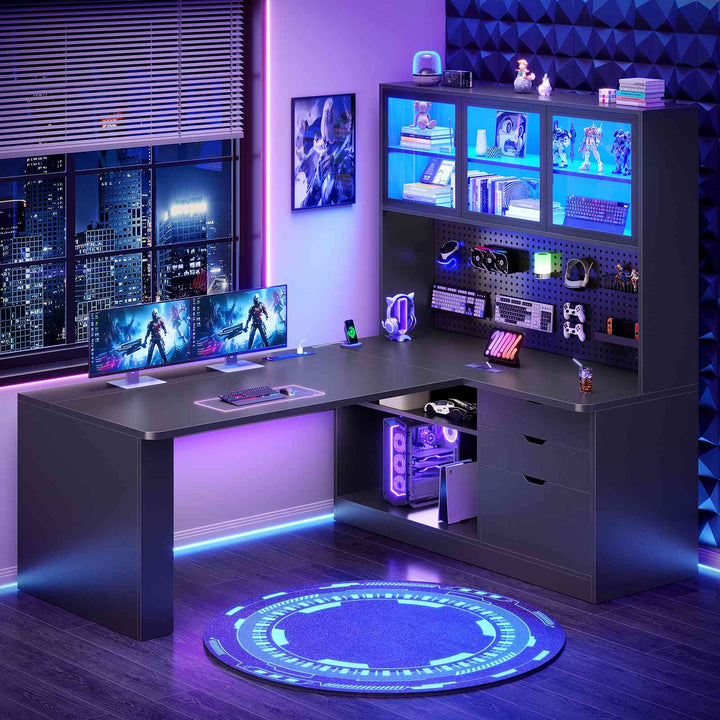SEDETA® 67 Inch Corner Computer Desk L Shaped Gaming Desk with LED Light 3 Wood Drawer Large Bookshelf Display Cabinet Pegboard