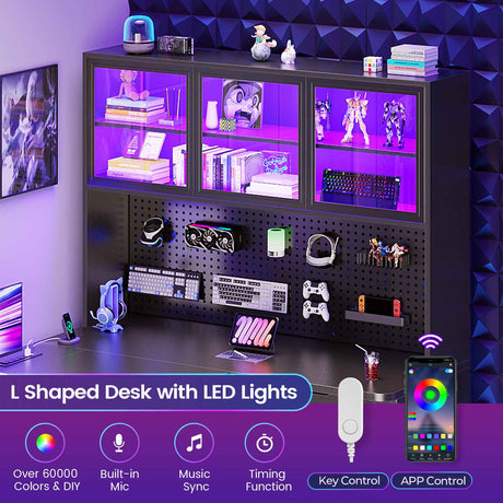 SEDETA 67 Inch L Shaped Computer Desk Corner Gaming Desk with LED Light 3 Wood Drawer Large Bookshelf Display Cabinet Pegboard