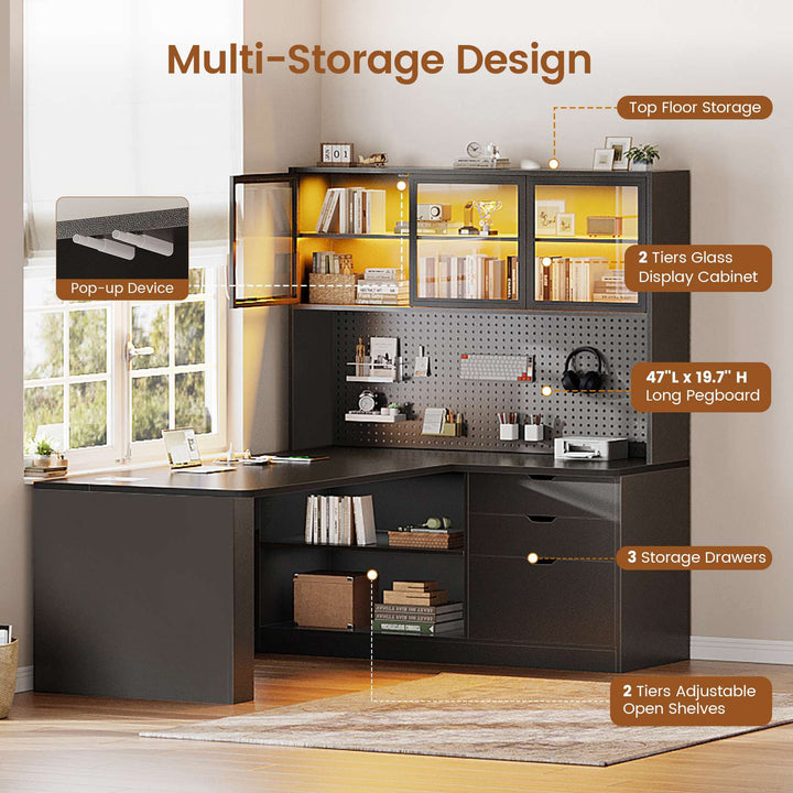 SEDETA® 67 Inch Corner Computer Desk L Shaped Gaming Desk with LED Light 3 Wood Drawer Large Bookshelf Display Cabinet Pegboard
