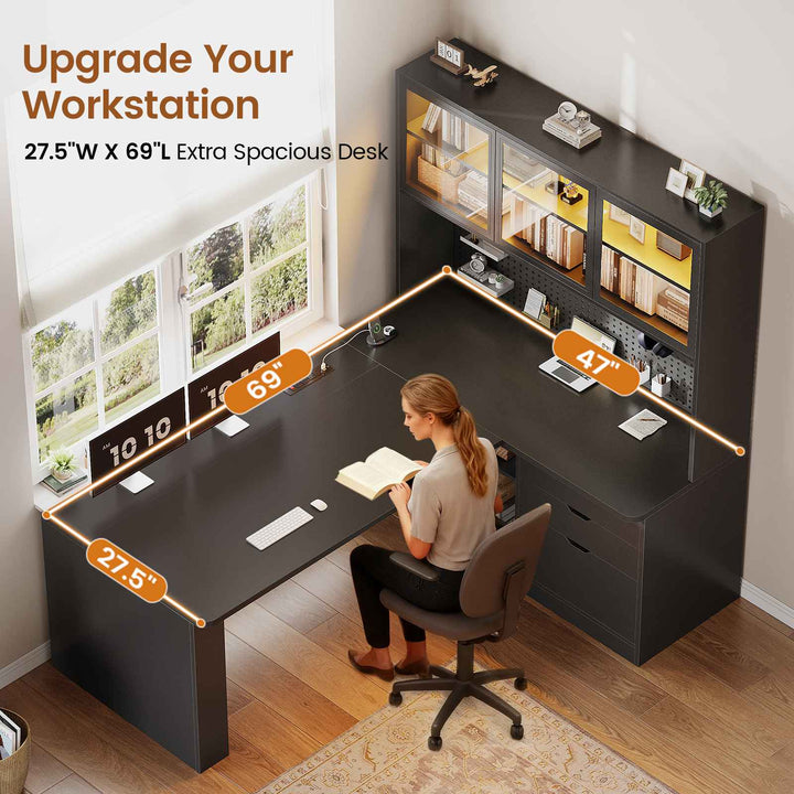 SEDETA® 67 Inch Corner Computer Desk L Shaped Gaming Desk with LED Light 3 Wood Drawer Large Bookshelf Display Cabinet Pegboard