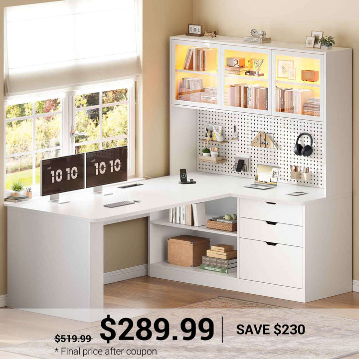 SEDETA 67 Inch L Shaped Computer Desk Corner Gaming Desk with LED Light 3 Wood Drawer Large Bookshelf Display Cabinet Pegboard