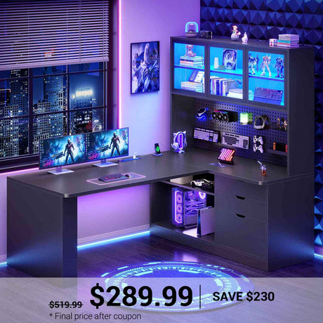 SEDETA 67 Inch L Shaped Computer Desk Corner Gaming Desk with LED Light 3 Wood Drawer Large Bookshelf Display Cabinet Pegboard