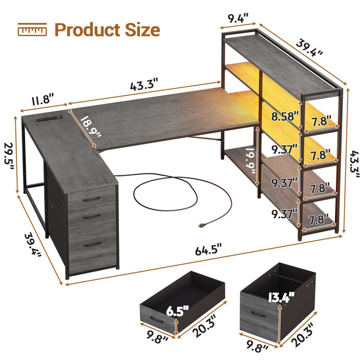 SEDETA 64.5 Inch Office LED Reversible Computer Desk Gaming Desk with Drawer Storage Bookshelf
