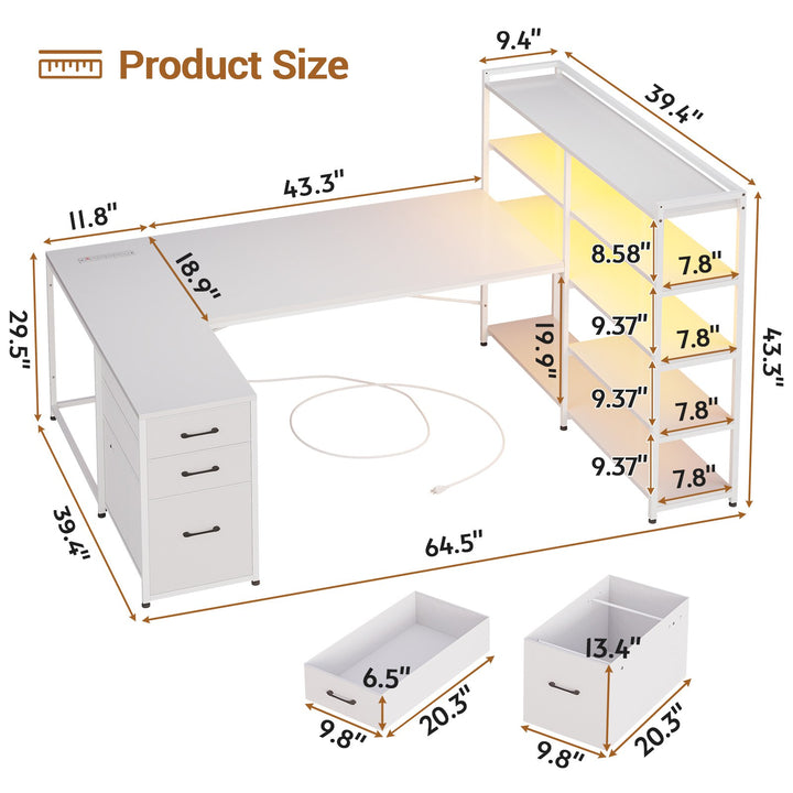 SEDETA 64.5 Inch Office LED Reversible Computer Desk Gaming Desk with Drawer Storage Bookshelf