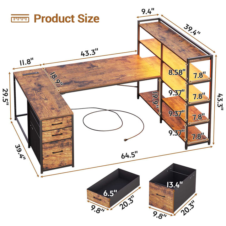SEDETA 64.5 Inch Office LED Reversible Computer Desk Gaming Desk with Drawer Storage Bookshelf
