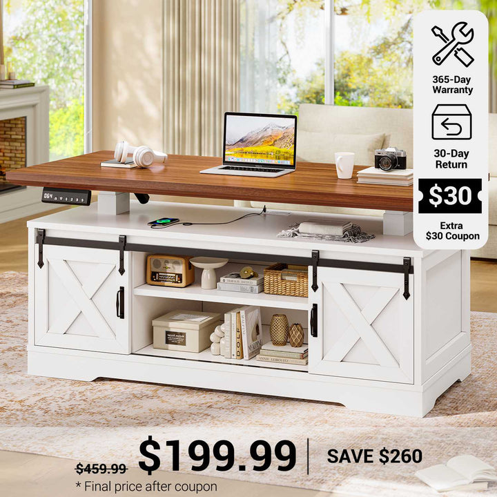 SEDETA® 47.2 Inch Electric Standing Coffee Tables Farmhouse Lift Top Height Adjustable Rectangle Coffee Desk with Storage Power Outlet and Sliding Barn Door