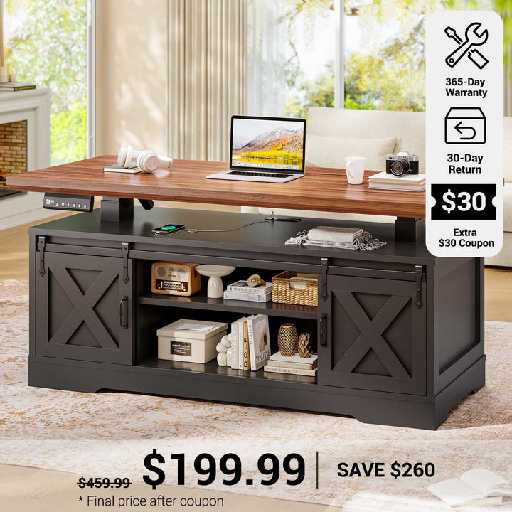 SEDETA® 47.2 Inch Electric Standing Coffee Tables Farmhouse Lift Top Height Adjustable Rectangle Coffee Desk with Storage Power Outlet and Sliding Barn Door