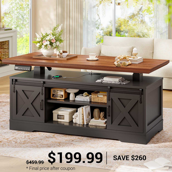 SEDETA® 47.2 Inch Electric Standing Coffee Tables Farmhouse Lift Top Height Adjustable Rectangle Coffee Desk with Storage Power Outlet and Sliding Barn Door