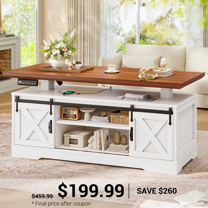 SEDETA® 47.2 Inch Electric Standing Coffee Tables Farmhouse Lift Top Height Adjustable Rectangle Coffee Desk with Storage Power Outlet and Sliding Barn Door