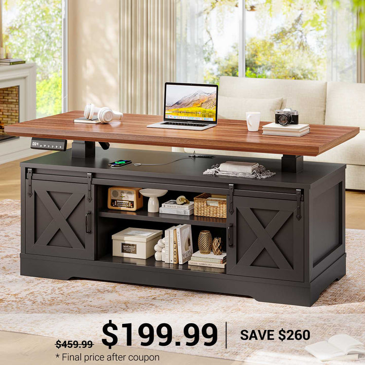 SEDETA | 47.2 Inch Electric Standing Coffee Tables Lift Top Height Adjustable Farmhouse Rectangle Coffee Desk with Storage Power Outlet Sliding Barn Door