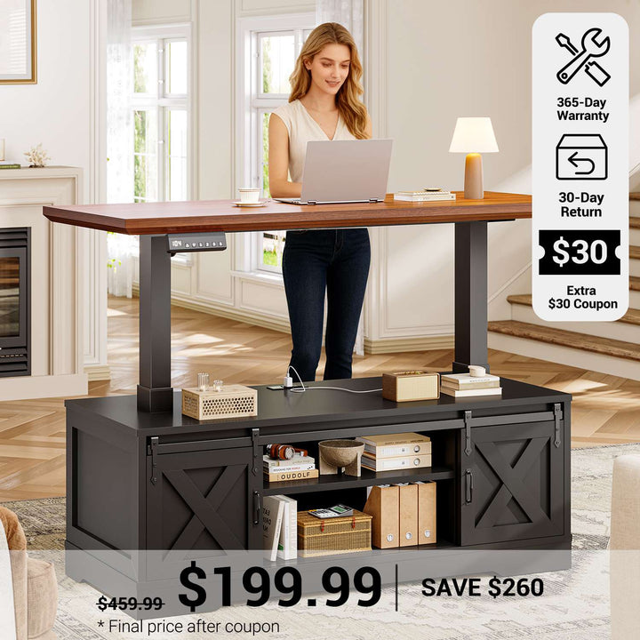 SEDETA® 47.2 Inch Electric Standing Coffee Tables Farmhouse Lift Top Height Adjustable Rectangle Coffee Desk with Storage Power Outlet and Sliding Barn Door