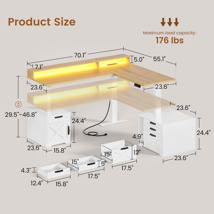 SEDETA 70.1 Inch Farmhouse L Shaped Standing Desk Electric Height Adjustable Executive Desk with Drawers Power Outlet Printer Stand Monitor Stand Led Lights