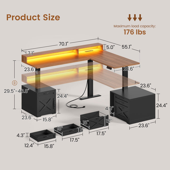SEDETA 70.1 Inch Farmhouse L Shaped Standing Desk Electric Height Adjustable Executive Desk with Drawers Power Outlet Printer Stand Monitor Stand Led Lights