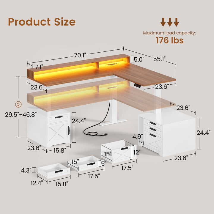 SEDETA 70.1 Inch Farmhouse L Shaped Standing Desk Electric Height Adjustable Executive Desk with Drawers Power Outlet Printer Stand Monitor Stand Led Lights