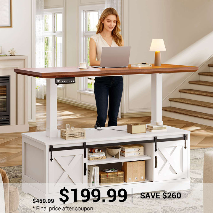 SEDETA | 47.2 Inch Electric Standing Coffee Tables Lift Top Height Adjustable Farmhouse Rectangle Coffee Desk with Storage Power Outlet Sliding Barn Door