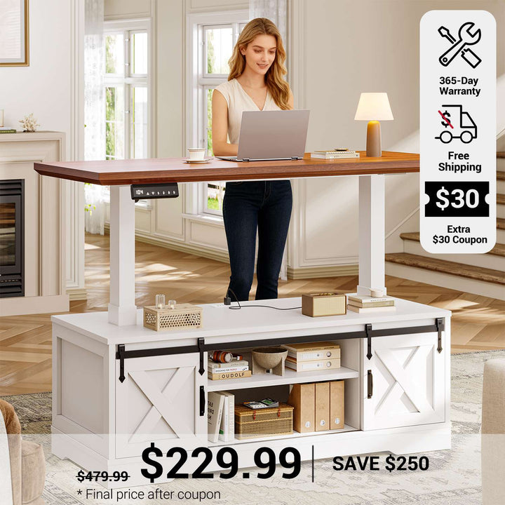 SEDETA 47.2 Inch Farmhouse Lift Top Coffee Table Electric Standing Coffee Desk Height Adjustable with Storage Power Outlet Sliding Barn Door