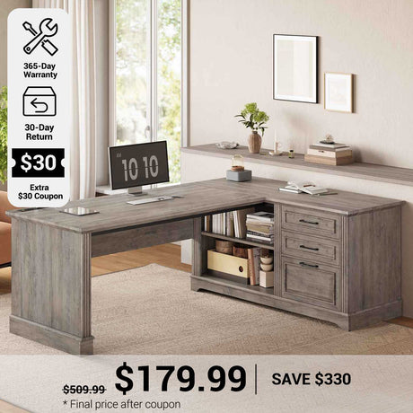 SEDETA® 61 Inch L Shaped Farmhouse Executive Computer Desk with Power Outlets File Drawers and Storage Shelves
