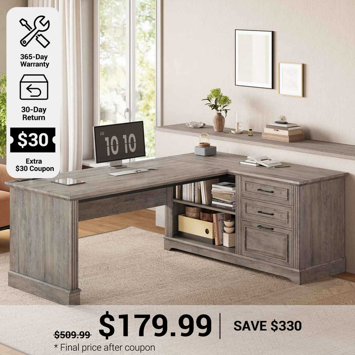 SEDETA® 61 Inch L Shaped Farmhouse Executive Computer Desk with Power Outlets File Drawers and Storage Shelves