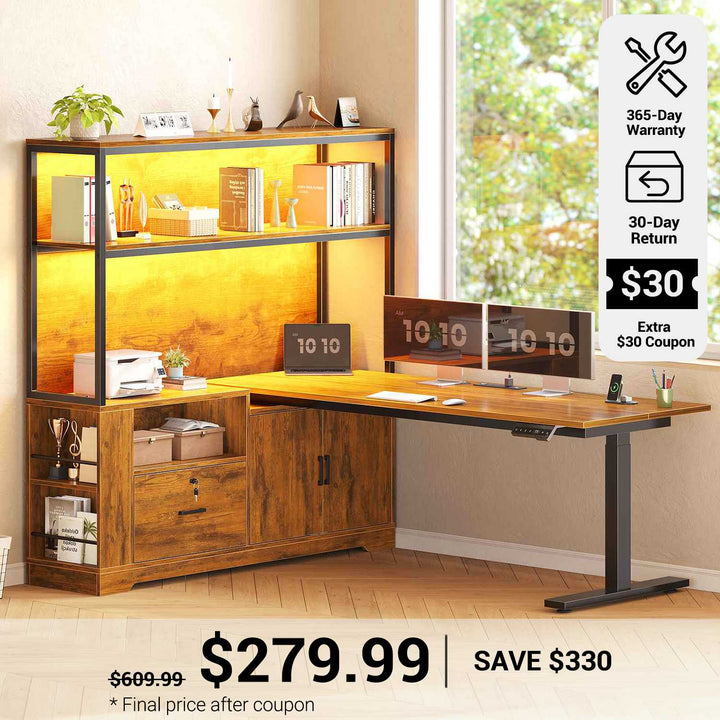 SEDETA® 56.7 Inch L Shaped Height Adjustable Electric Standing Desk Computer Gaming Desk with LED Lights Drawers Power Outlets