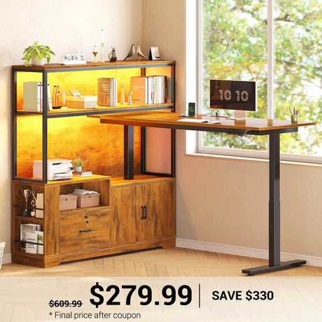 SEDETA | 56.7 Inch L Shaped Standing Desk Computer Desk Height Adjustable Electric Corner Gaming Desks with Power Outlets LED Lights