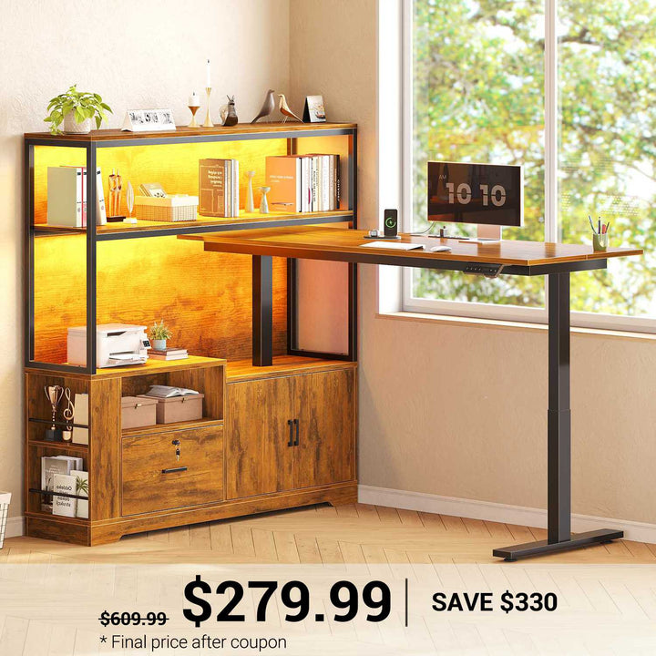 SEDETA | 56.7 Inch L Shaped Standing Desk Computer Desk Height Adjustable Electric Corner Gaming Desks with Power Outlets LED Lights