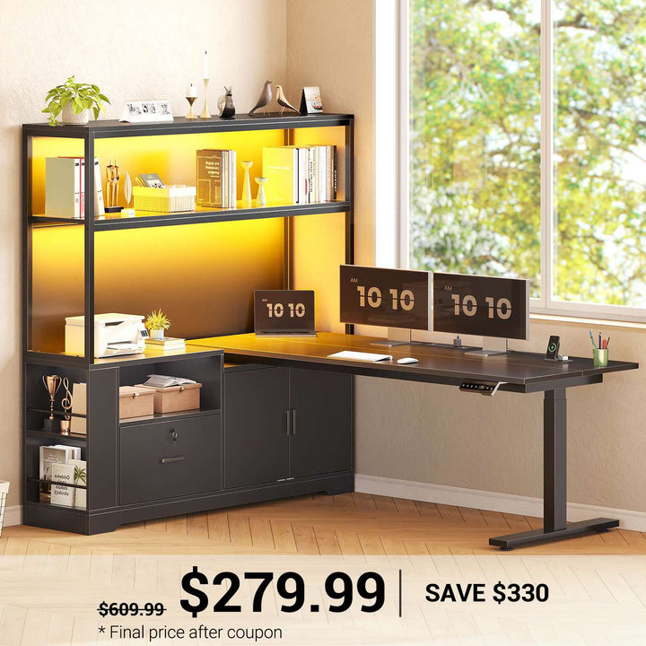 SEDETA | 56.7 Inch L Shaped Standing Desk Computer Desk Height Adjustable Electric Corner Gaming Desks with Power Outlets LED Lights