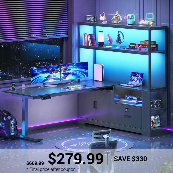 SEDETA | 56.7 Inch L Shaped Standing Desk Computer Desk Height Adjustable Electric Corner Gaming Desks with Power Outlets LED Lights