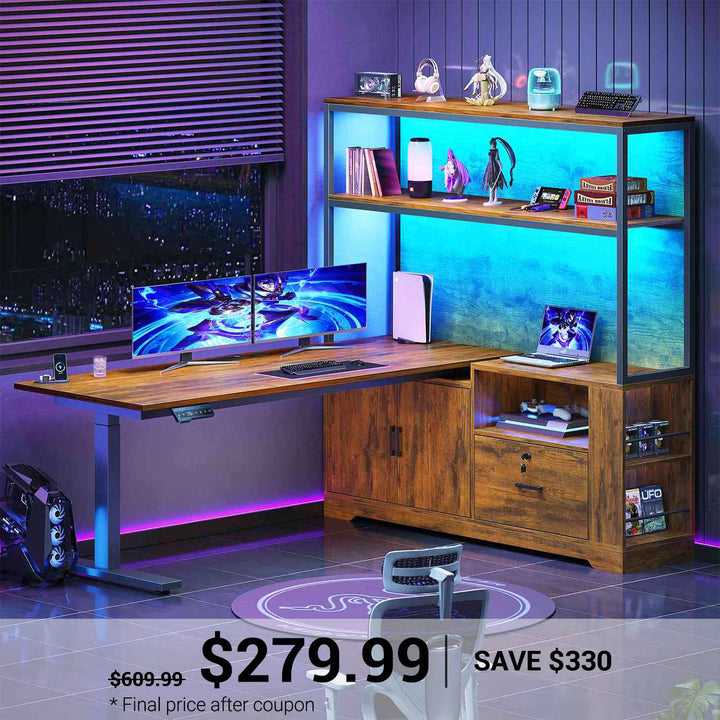 SEDETA | 56.7 Inch L Shaped Standing Desk Computer Desk Height Adjustable Electric Corner Gaming Desks with Power Outlets LED Lights