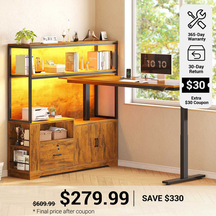 SEDETA® 56.7 Inch L Shaped Height Adjustable Electric Standing Desk Computer Gaming Desk with LED Lights Drawers Power Outlets