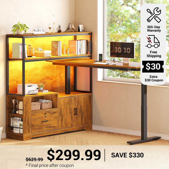 SEDETA 56.7 Inch Standing Desk Height Adjustable Electric L Shaped Stand Up Computer Gaming Desk with Drawers Hutch Power Outlets