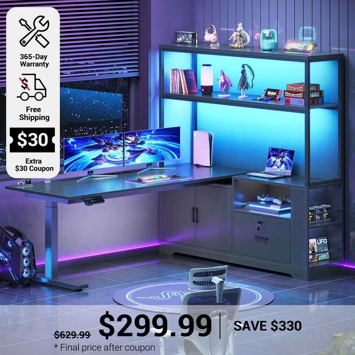 SEDETA 56.7 Inch Standing Desk Height Adjustable Electric L Shaped Stand Up Computer Gaming Desk with Drawers Hutch Power Outlets