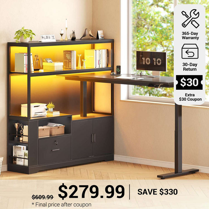 SEDETA® 56.7 Inch L Shaped Height Adjustable Electric Standing Desk Computer Gaming Desk with LED Lights Drawers Power Outlets