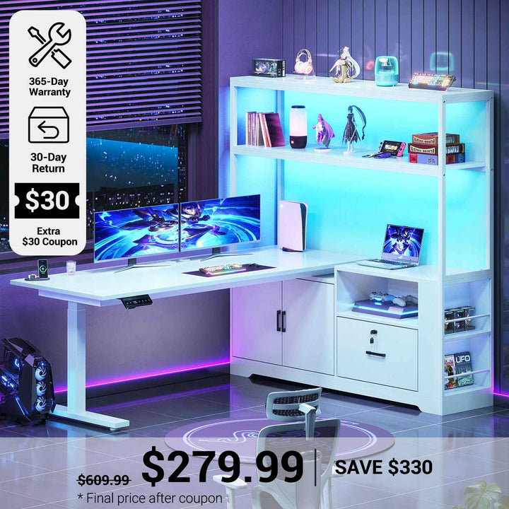 SEDETA® 56.7 Inch L Shaped Height Adjustable Electric Standing Desk Computer Gaming Desk with LED Lights Drawers Power Outlets