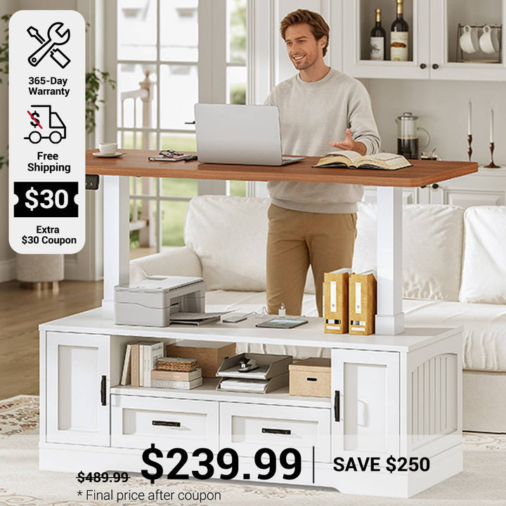 SEDETA 47.2 Inch Electric Standing Coffee Table with Storage Farmhouse Lift Top Coffee Table with Drawers and Open Shelves Height Adjustable Power Outlet