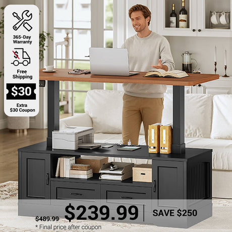 SEDETA 47.2 Inch Electric Standing Coffee Table with Storage Farmhouse Lift Top Coffee Table with Drawers and Open Shelves Height Adjustable Power Outlet