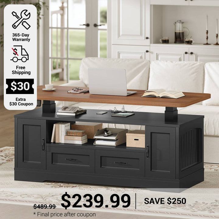 SEDETA 47.2 Inch Electric Standing Coffee Table with Storage Farmhouse Lift Top Coffee Table with Drawers and Open Shelves Height Adjustable Power Outlet