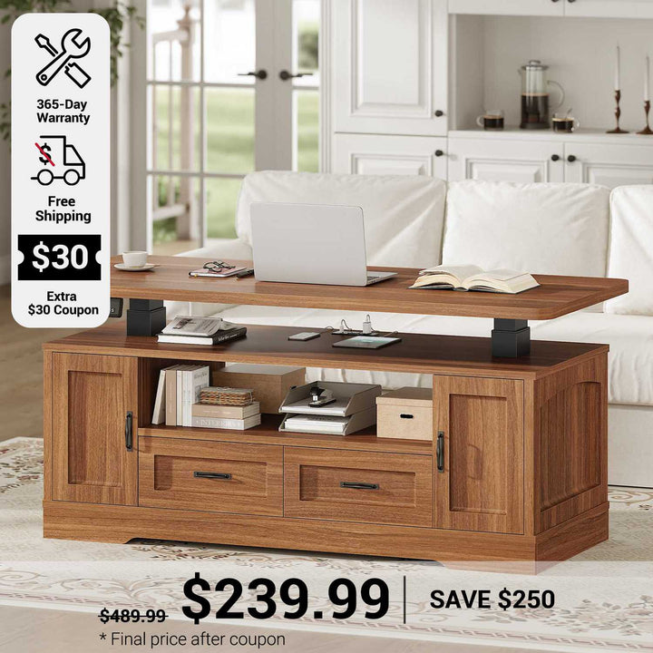 SEDETA 47.2 Inch Electric Standing Coffee Table with Storage Farmhouse Lift Top Coffee Table with Drawers and Open Shelves Height Adjustable Power Outlet