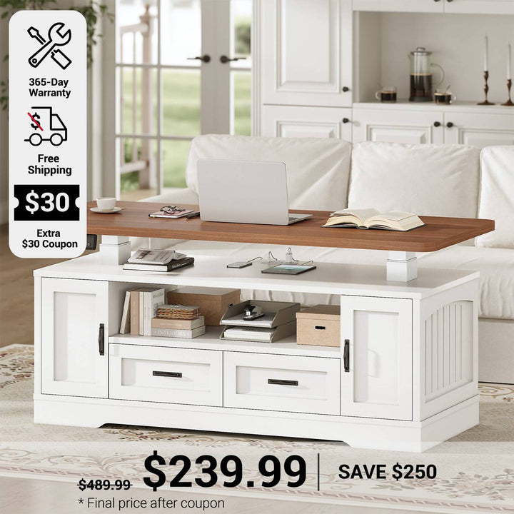 SEDETA 47.2 Inch Electric Standing Coffee Table with Storage Farmhouse Lift Top Coffee Table with Drawers and Open Shelves Height Adjustable Power Outlet