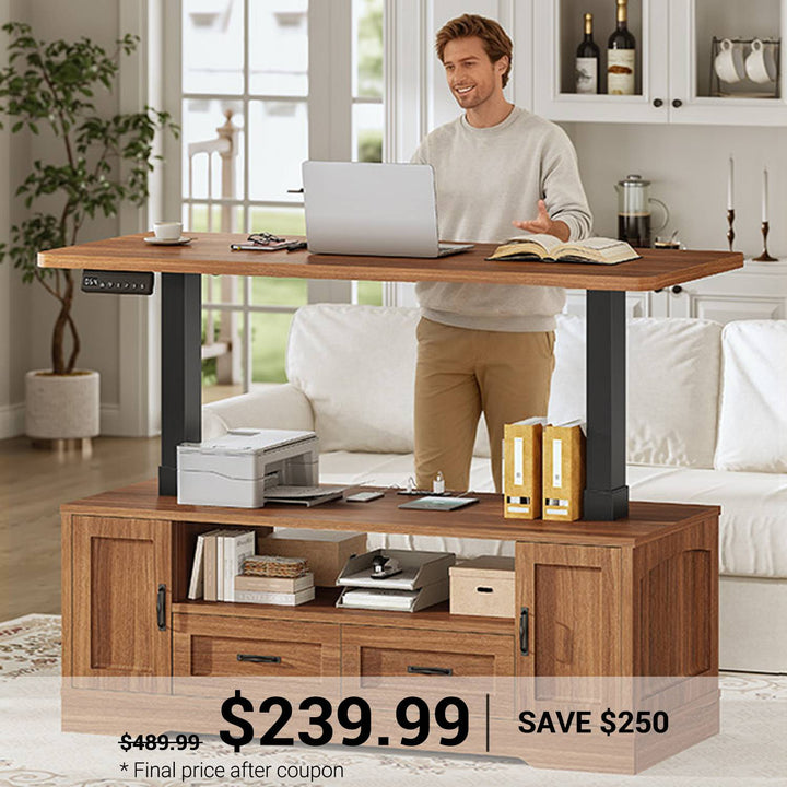 SEDETA 47.2 Inch Electric Standing Coffee Table with Storage Farmhouse Lift Top Coffee Table with Drawers and Open Shelves Height Adjustable Power Outlet