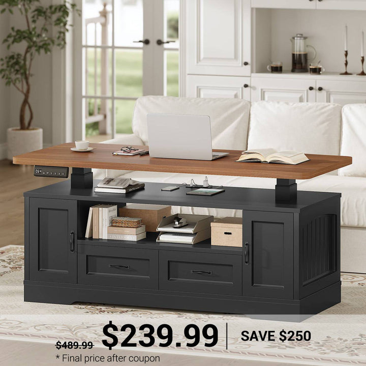SEDETA 47.2 Inch Electric Standing Coffee Table with Storage Farmhouse Lift Top Coffee Table with Drawers and Open Shelves Height Adjustable Power Outlet