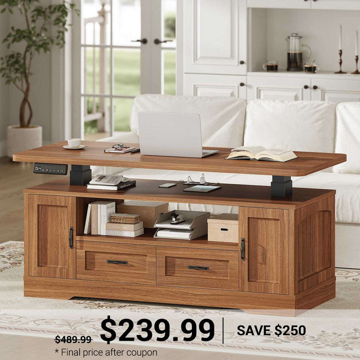 SEDETA 47.2 Inch Electric Standing Coffee Table with Storage Farmhouse Lift Top Coffee Table with Drawers and Open Shelves Height Adjustable Power Outlet