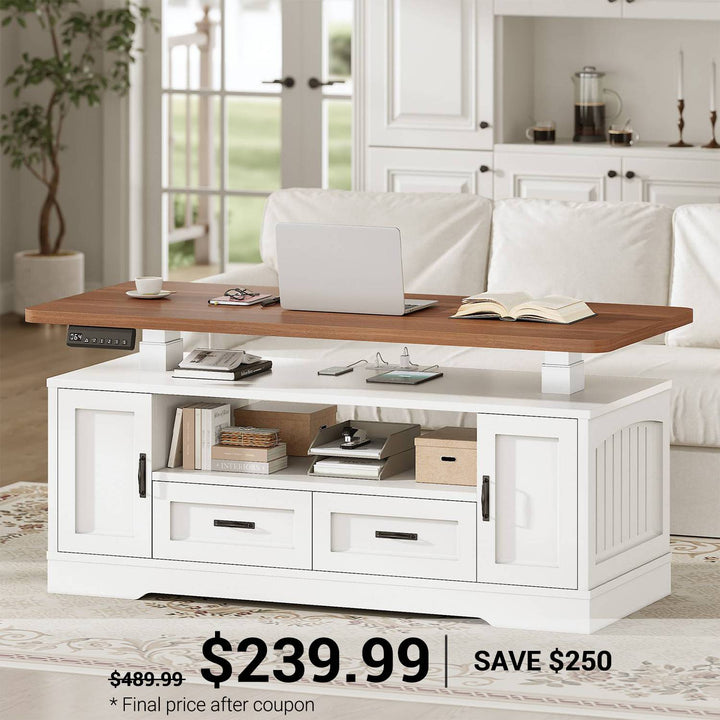 SEDETA 47.2 Inch Electric Standing Coffee Table with Storage Farmhouse Lift Top Coffee Table with Drawers and Open Shelves Height Adjustable Power Outlet