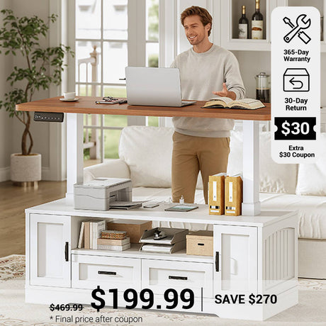 SEDETA® 47.2 Inch Electric Standing Coffee Table Height Adjustable Farmhouse Lift Top Coffee Desk with Storage Drawers Open Shelves Power Outlet