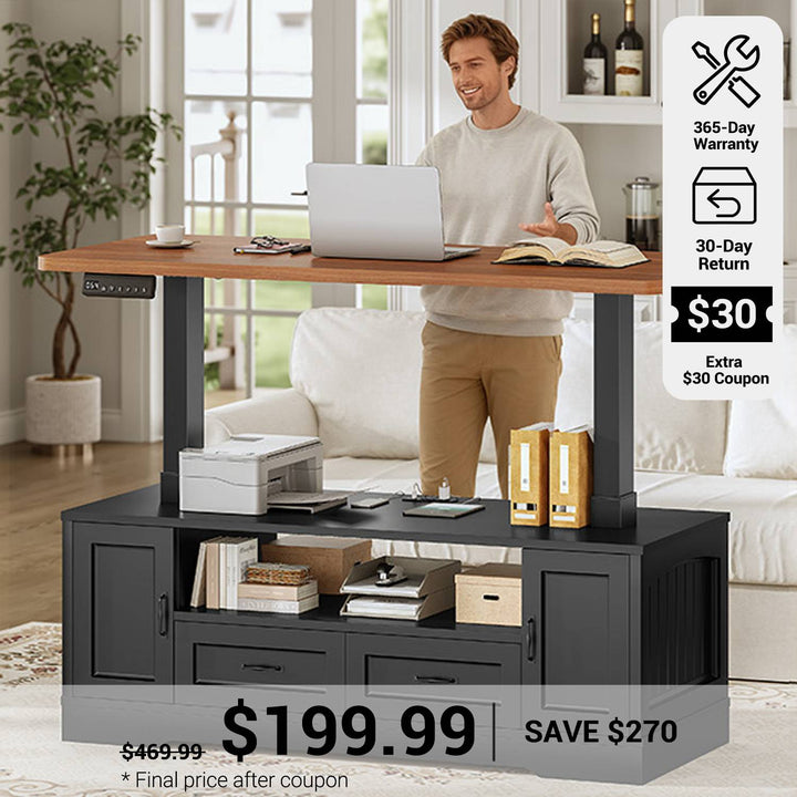 SEDETA® 47.2 Inch Electric Standing Coffee Table Height Adjustable Farmhouse Lift Top Coffee Desk with Storage Drawers Open Shelves Power Outlet