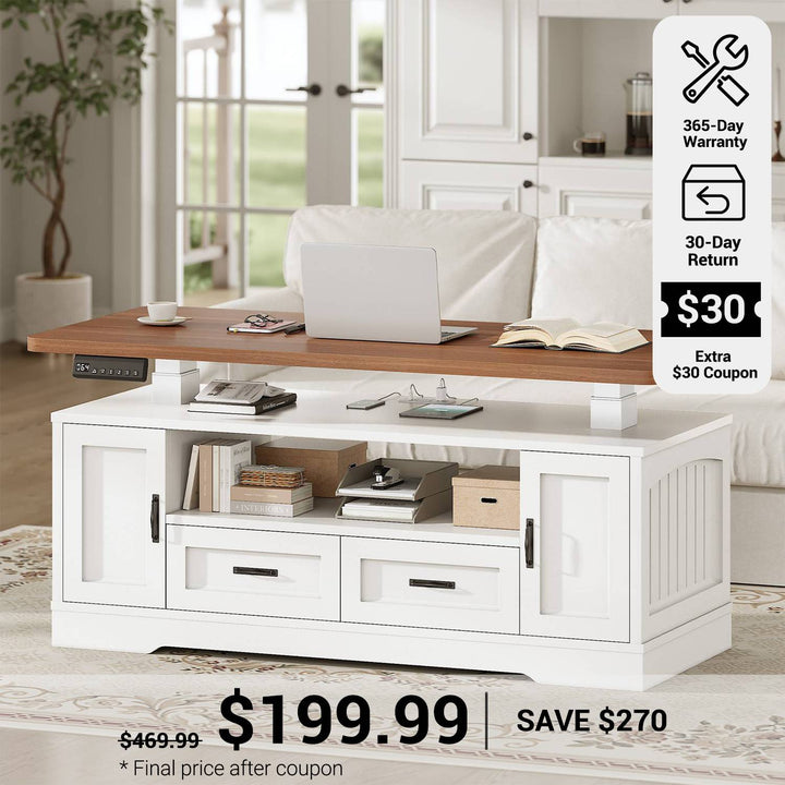 SEDETA® 47.2 Inch Electric Standing Coffee Table Height Adjustable Farmhouse Lift Top Coffee Desk with Storage Drawers Open Shelves Power Outlet