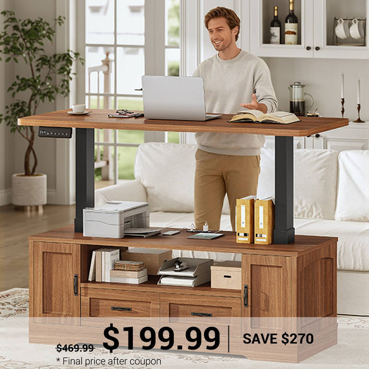 SEDETA | 47.2 Inch Farmhouse Lift Top Coffee Table Electric Standing Coffee Desk Height Adjustable with Power Outlet Storage Drawers Shelves